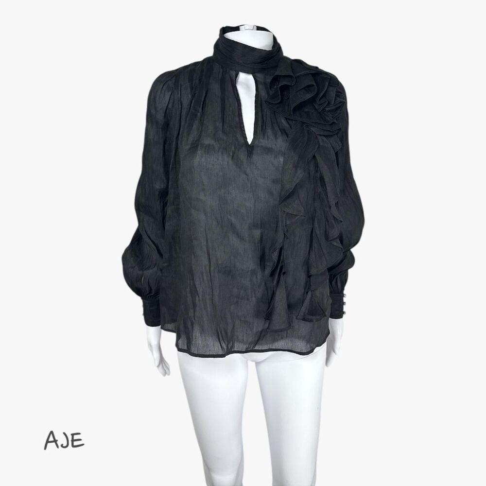 Aje Women's Silk Satin Ruffle Frill Tie Neck Bow Blouse Shirt Top in Black Sz 4